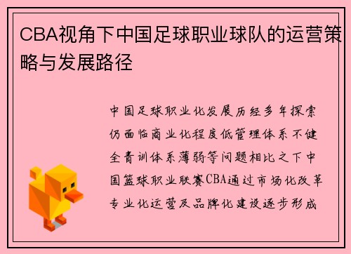 CBA视角下中国足球职业球队的运营策略与发展路径