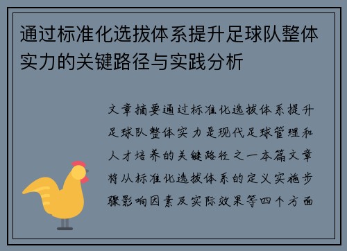 通过标准化选拔体系提升足球队整体实力的关键路径与实践分析