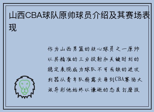 山西CBA球队原帅球员介绍及其赛场表现